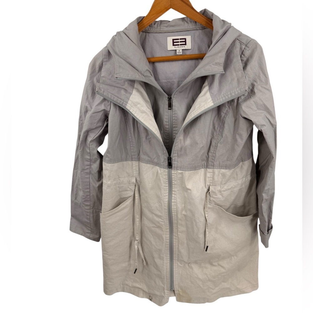 E3 by ETCETERA Sz 4 Coated Linen Raincoat Jacket Windbreaker Hooded Gray Cream
